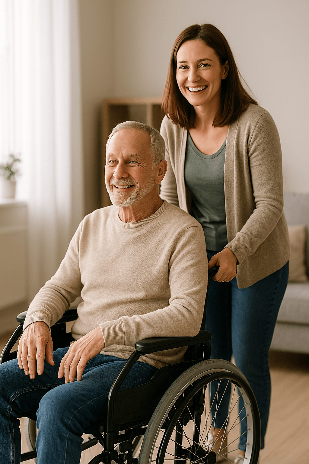 Imagem de um familiar empurrando um idoso em sua cadeira de rodas